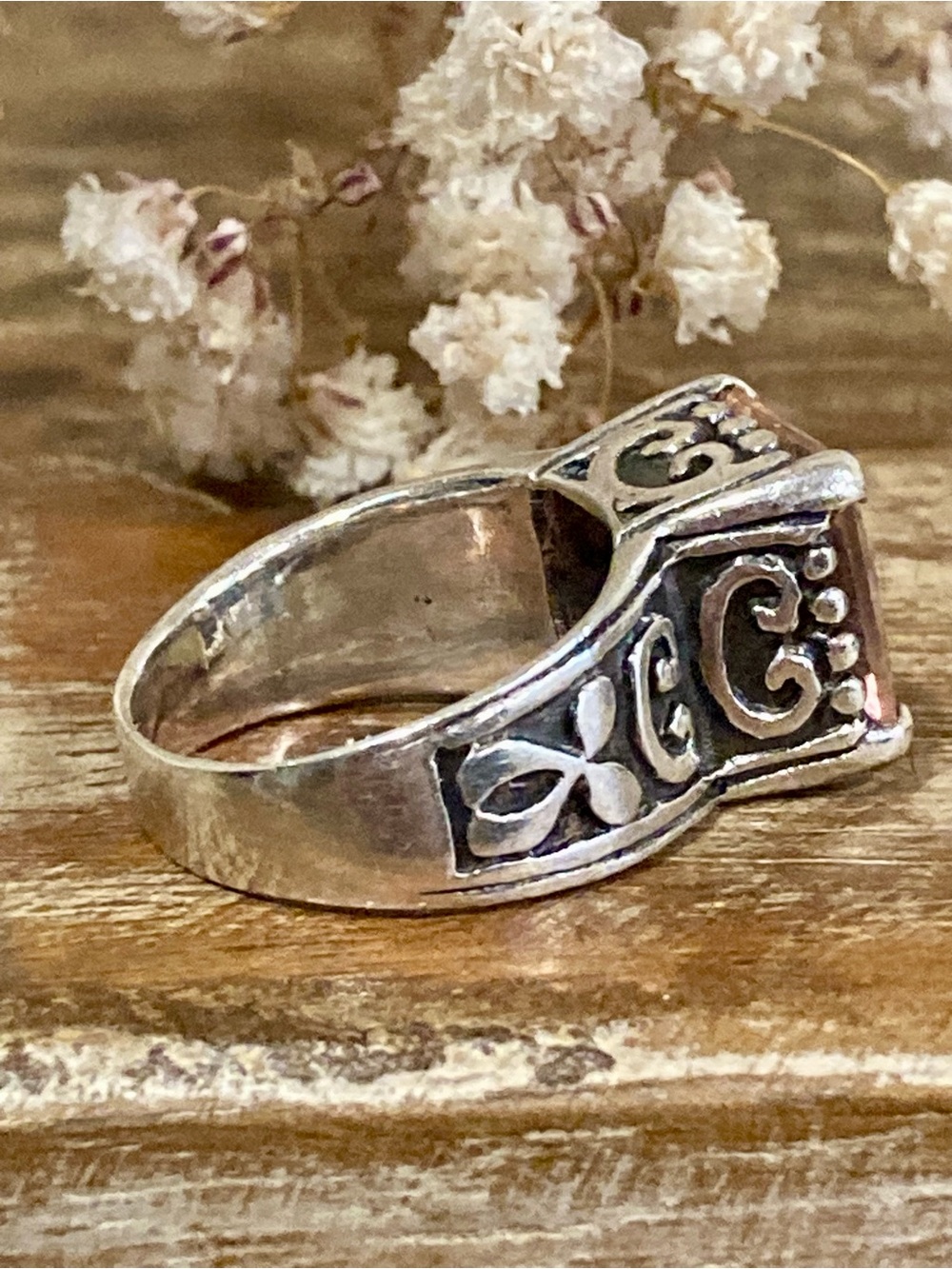 Silver Tone Statement Ring with Square Pink Gemstone • Size 6.25 - Picture 6 of 13